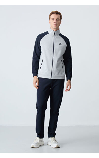 TommyLife Gri lacivert Dik Yaka Çift Renk Rahat Form Klasik Paça Erkek Eşofman Takımı - 85113