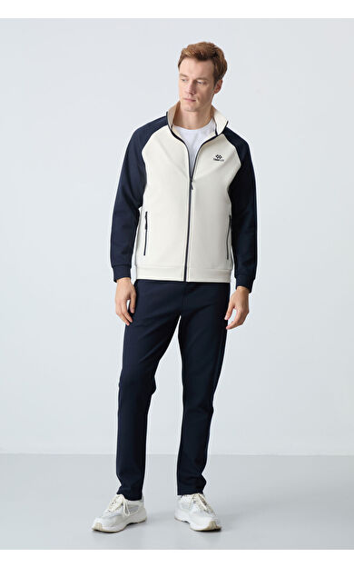 TommyLife Bej lacivert  Dik Yaka Çift Renk Rahat Form Klasik Paça Erkek Eşofman Takımı - 85113