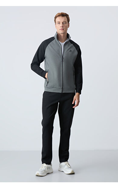 TommyLife Çağla siyah Dik Yaka Çift Renk Rahat Form Klasik Paça Erkek Eşofman Takımı - 85113