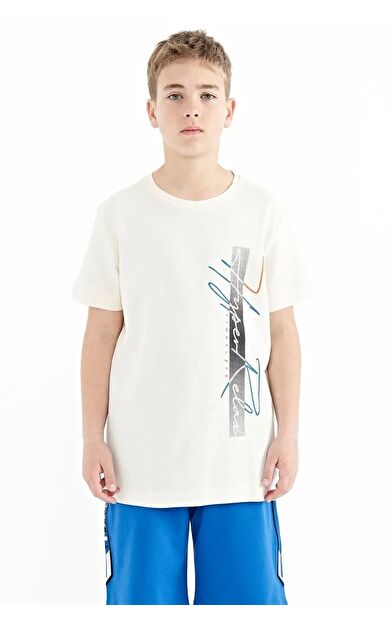 TommyLife Ekru Yazı Baskılı O Yaka Standart Kalıp Erkek Çocuk T-Shirt - 11119