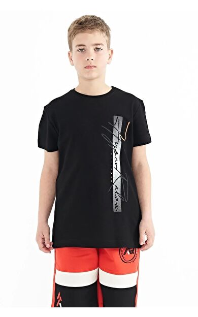 TommyLife Siyah Yazı Baskılı O Yaka Standart Kalıp Erkek Çocuk T-Shirt - 11119
