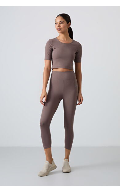 TommyLife Kahverengi Yüksek Bel Kapri-Crop T-Shirt Slim Fit Kadın Tayt Takım - 95285