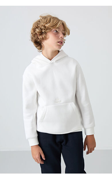TommyLife Ekru Pamuklu Kalın İçi Tüylü Yumuşak Dokulu Standart Fit Baskılı Erkek Çocuk Sweatshirt - 11215