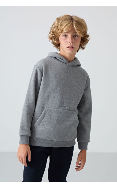 TommyLife Gri Melanj Pamuklu Kalın İçi Tüylü Standart Fit Baskılı Erkek Çocuk Sweatshirt - 11215