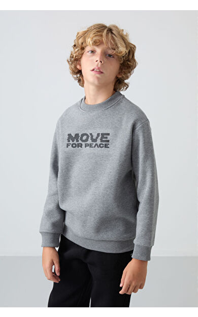 TommyLife Gri Melanj Pamuklu Kalın İçi Tüylü Standart Fit Baskılı Erkek Çocuk Sweatshirt - 11216