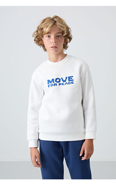 TommyLife Ekru Pamuklu Kalın İçi Tüylü Yumuşak Dokulu Standart Fit Baskılı Erkek Çocuk Sweatshirt - 11216