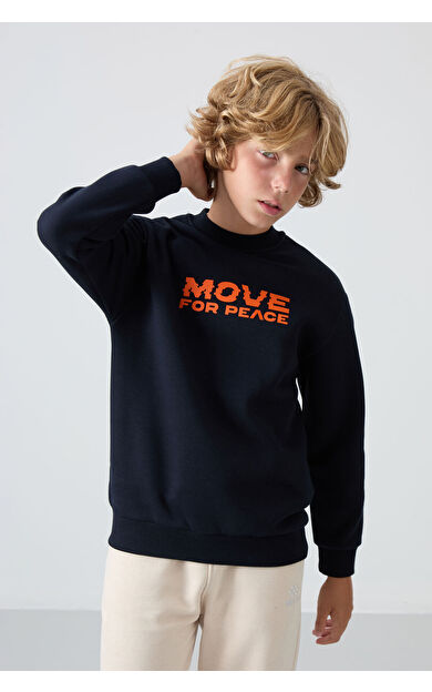 TommyLife Lacivert Pamuklu Kalın İçi Tüylü Yumuşak Dokulu Standart Fit Baskılı Erkek Çocuk Sweatshirt - 11216