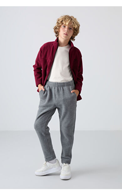 TommyLife Gri Melanj Kalın Yumuşak Dokulu Standart Fit Nakışlı Polar Erkek Çocuk Eşofman Alt - 11219