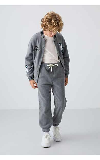 TommyLife Gri Melanj Kalın Yumuşak Dokulu Standart Fit Nakışlı Polar Erkek Çocuk Eşofman Alt - 11220