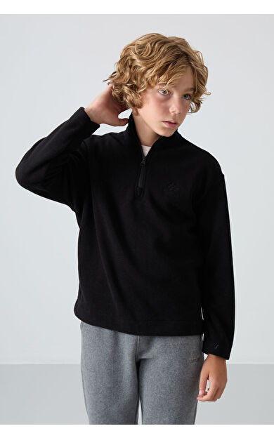 TommyLife Siyah Kalın Yumuşak Dokulu Standart Fit Nakışlı Polar Erkek Çocuk Sweatshirt - 11221