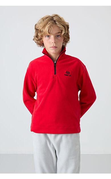 TommyLife Kırmızı Kalın Yumuşak Dokulu Standart Fit Nakışlı Polar Erkek Çocuk Sweatshirt - 11221