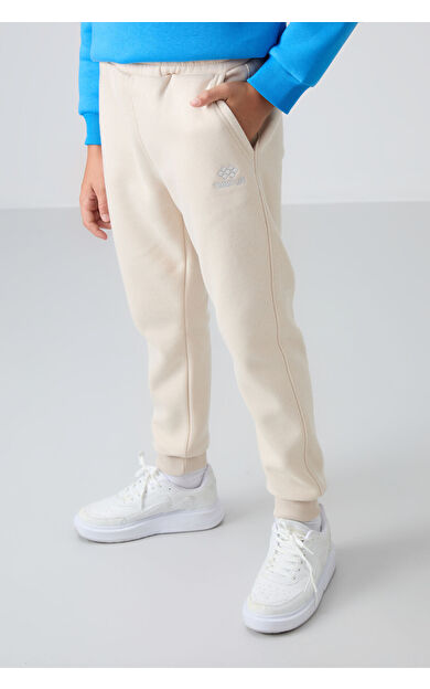 TommyLife Bej Pamuklu Kalın İçi Tüylü Standart Fit Nakışlı Erkek Çocuk Eşofman Alt - 11224