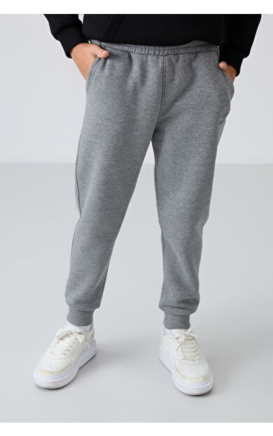 TommyLife Gri Melanj Pamuklu Kalın İçi Tüylü Standart Fit Nakışlı Erkek Çocuk Eşofman Alt - 11224