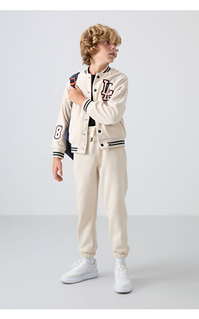 TommyLife Bej Kalın Yumuşak Dokulu Standart Fit Nakışlı Polar Erkek Çocuk Kolej Ceket - 11227