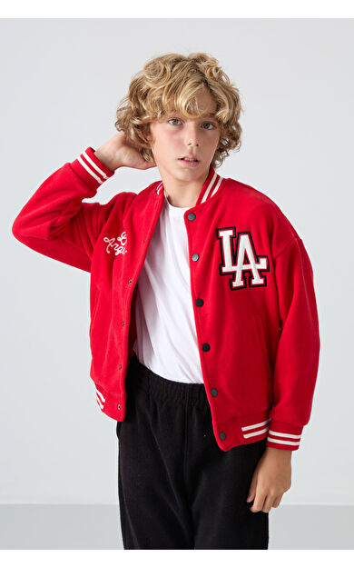 TommyLife Kırmızı Kalın Yumuşak Dokulu Standart Fit Nakışlı Polar Erkek Çocuk Kolej Ceket - 11227