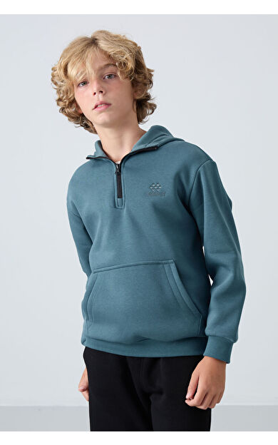 TommyLife Orman Yeşil Pamuklu Kalın İçi Tüylü Standart Fit Nakışlı Erkek Çocuk Sweatshirt - 11244
