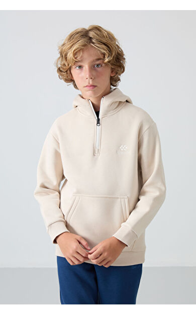 TommyLife Bej Pamuklu Kalın İçi Tüylü Yumuşak Dokulu Standart Fit Nakışlı Erkek Çocuk Sweatshirt - 11244