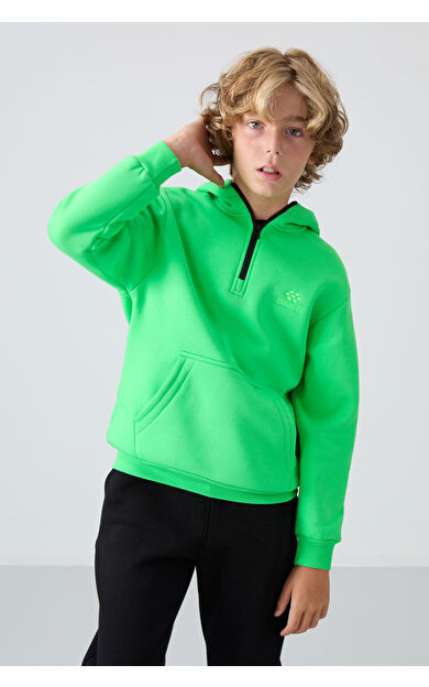 TommyLife Neon Yeşil Pamuklu Kalın İçi Tüylü Standart Fit Nakışlı Erkek Çocuk Sweatshirt - 11244