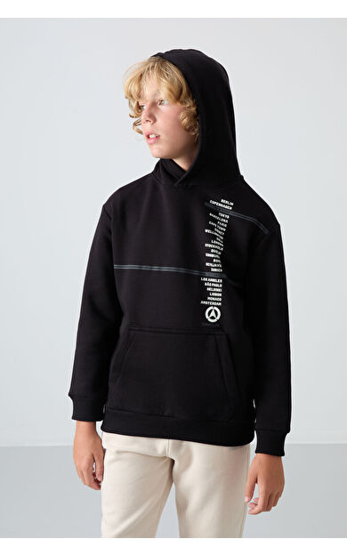 TommyLife Siyah Pamuklu Kalın İçi Tüylü Yumuşak Dokulu Standart Fit Baskılı Erkek Çocuk Sweatshirt - 11239