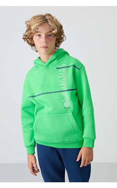 TommyLife Neon Yeşil Pamuklu Kalın İçi Tüylü Standart Fit Baskılı Erkek Çocuk Sweatshirt - 11239