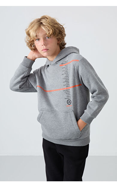 TommyLife Gri Melanj Pamuklu Kalın İçi Tüylü Standart Fit Baskılı Erkek Çocuk Sweatshirt - 11239