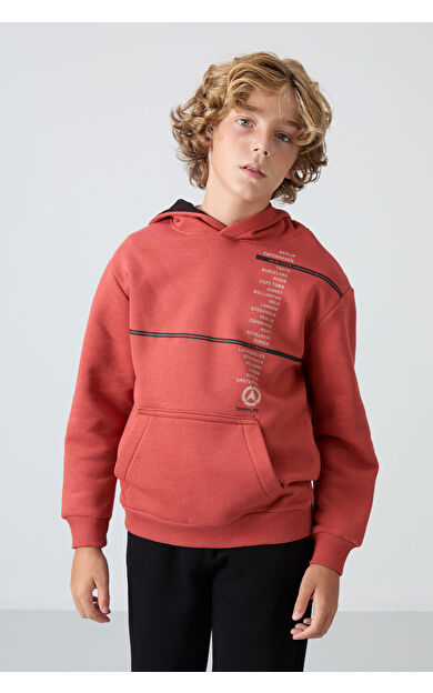 TommyLife Kiremit Pamuklu Kalın İçi Tüylü Yumuşak Dokulu Standart Fit Baskılı Erkek Çocuk Sweatshirt - 11239