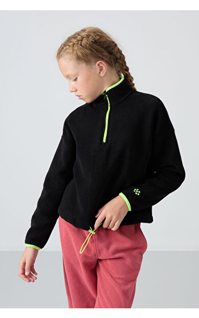 TommyLife Siyah Kalın Yumuşak Dokulu Standart Fit Nakışlı Polar Kız Çocuk Sweatshirt - 75151