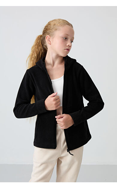 TommyLife Siyah Kalın Yumuşak Dokulu Standart Fit Nakışlı Polar Kız Çocuk Sweatshirt - 75152