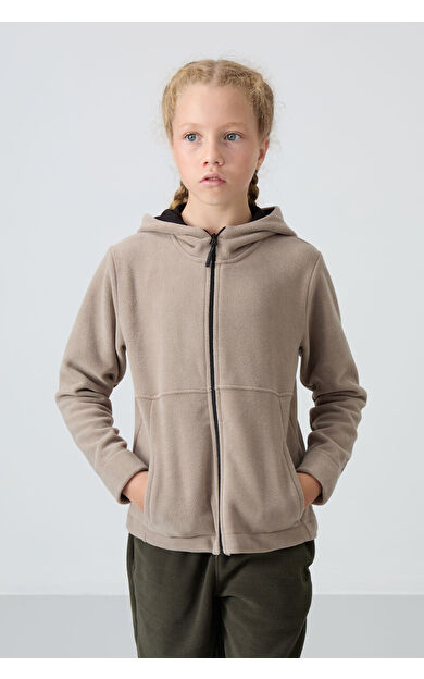 TommyLife Koyu Bej Kalın Yumuşak Dokulu Standart Fit Nakışlı Polar Kız Çocuk Sweatshirt - 75152
