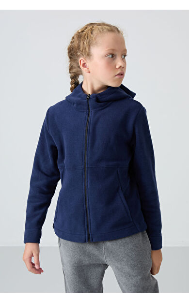 TommyLife İndigo Kalın Yumuşak Dokulu Standart Fit Nakışlı Polar Kız Çocuk Sweatshirt - 75152