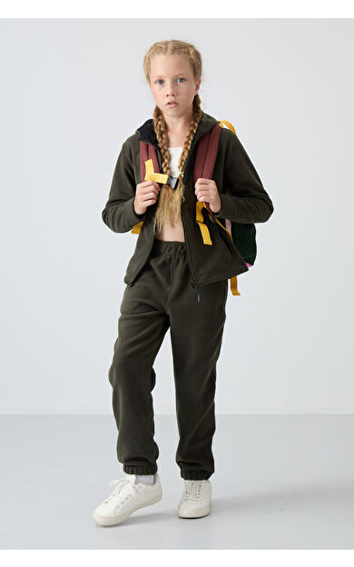 TommyLife Haki Kalın Yumuşak Dokulu Standart Fit Nakışlı Polar Kız Çocuk Sweatshirt - 75152