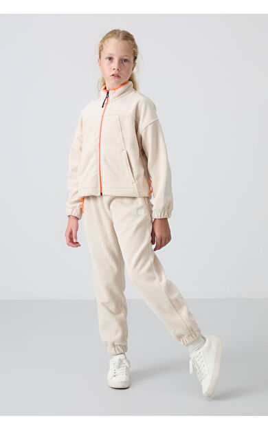 TommyLife Bej Kalın Yumuşak Dokulu Standart Fit Nakışlı Polar Kız Çocuk Eşofman Alt - 75155