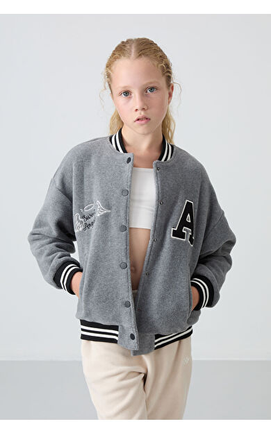 TommyLife Gri Melanj Kalın Yumuşak Dokulu Standart Fit Nakışlı Polar Kız Çocuk Kolej Ceket - 75156