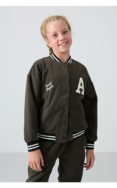 TommyLife Haki Kalın Yumuşak Dokulu Standart Fit Nakışlı Polar Kız Çocuk Kolej Ceket - 75156