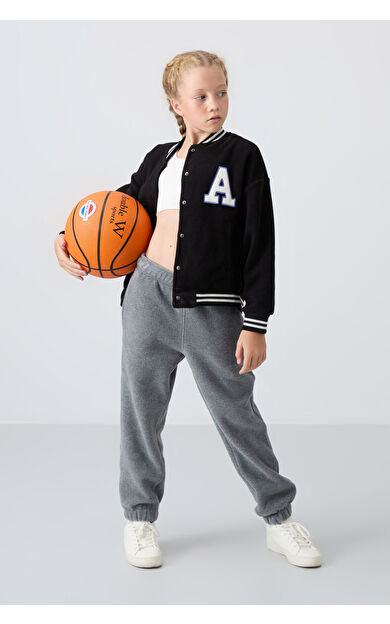 TommyLife Siyah Kalın Yumuşak Dokulu Standart Fit Nakışlı Polar Kız Çocuk Kolej Ceket - 75156