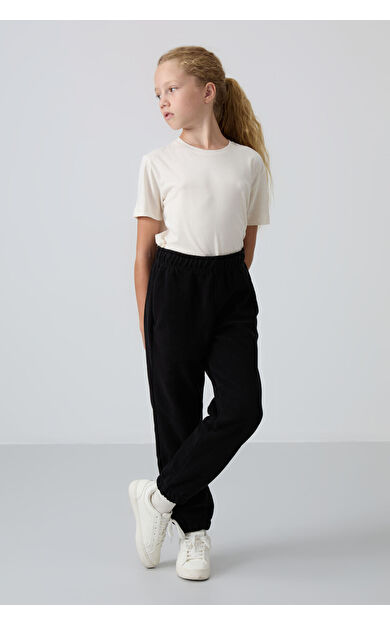 TommyLife Siyah Kalın Yumuşak Dokulu Standart Fit Nakışlı Polar Kız Çocuk Eşofman Alt - 75155