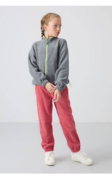 TommyLife Gri Melanj Kalın Yumuşak Dokulu Standart Fit Nakışlı Polar Kız Çocuk Sweatshirt - 75157