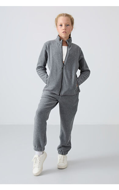 TommyLife Gri Melanj Kalın Yumuşak Dokulu Standart Fit Nakışlı Polar Kız Çocuk Eşofman Alt - 75155
