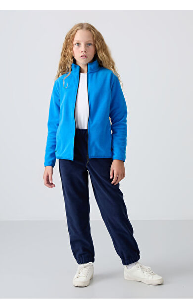 TommyLife İndigo Kalın Yumuşak Dokulu Standart Fit Nakışlı Polar Kız Çocuk Eşofman Alt - 75155