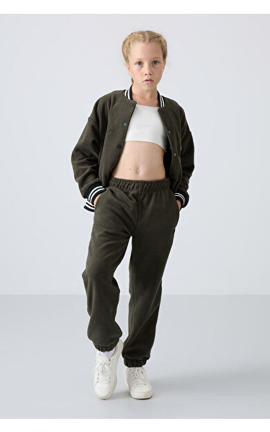 TommyLife Haki Kalın Yumuşak Dokulu Standart Fit Nakışlı Polar Kız Çocuk Eşofman Alt - 75155