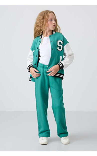 TommyLife Deniz Yeşil Pamuklu İçi Tüylü Yumuşak Dokulu Standart Fit Nakışlı Kız Çocuk Eşofman Alt - 75146