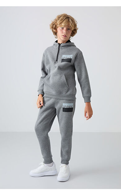 TommyLife Gri Melanj Pamuklu Kalın İçi Tüylü Standart Fit Baskılı Erkek Çocuk Eşofman Takım - 11246