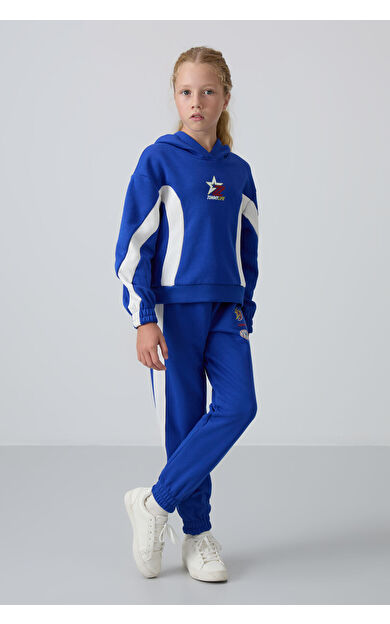 TommyLife Gece Mavi Pamuklu İçi Tüylü Yumuşak Dokulu Standart Fit Baskılı Kız Çocuk Eşofman Takım - 75166