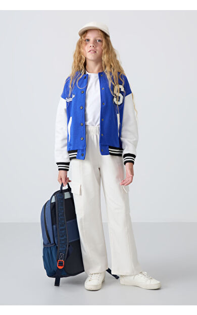 TommyLife Gece Mavi Pamuklu İçi Tüylü Yumuşak Dokulu Standart Fit Nakışlı Kız Çocuk Kolej Ceket - 75163