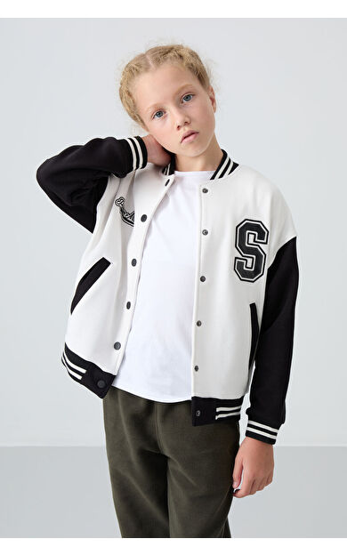 TommyLife Ekru Pamuklu İçi Tüylü Yumuşak Dokulu Standart Fit Nakışlı Kız Çocuk Kolej Ceket - 75163