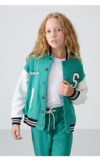 TommyLife Deniz Yeşil Pamuklu İçi Tüylü Yumuşak Dokulu Standart Fit Nakışlı Kız Çocuk Kolej Ceket - 75163