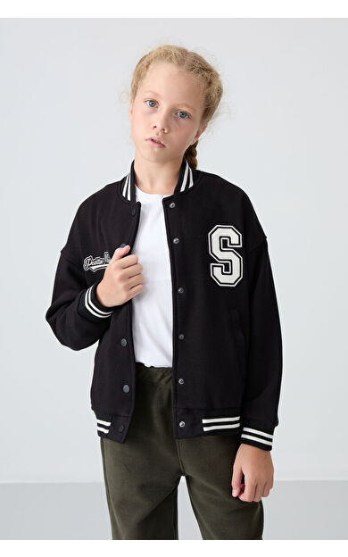TommyLife Siyah Pamuklu İçi Tüylü Yumuşak Dokulu Standart Fit Nakışlı Kız Çocuk Kolej Ceket - 75163