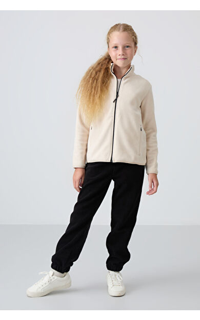 TommyLife Bej Kalın Yumuşak Dokulu Standart Fit Nakışlı Polar Kız Çocuk Sweatshirt - 75154