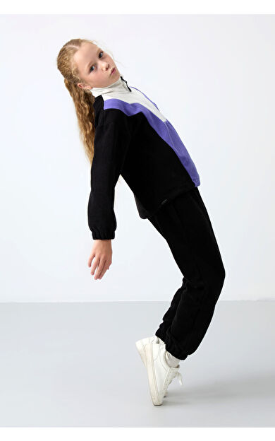 TommyLife Siyah Kalın Yumuşak Dokulu Oversize Nakışlı Polar Kız Çocuk Sweatshirt - 75153