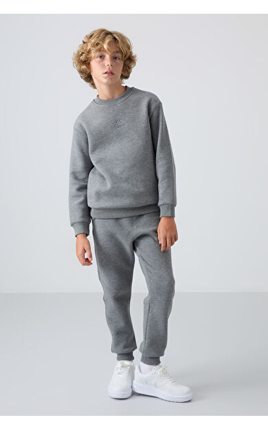 TommyLife Gri Melanj Pamuklu Kalın İçi Tüylü Standart Fit Nakışlı Erkek Çocuk Eşofman Takım - 11249